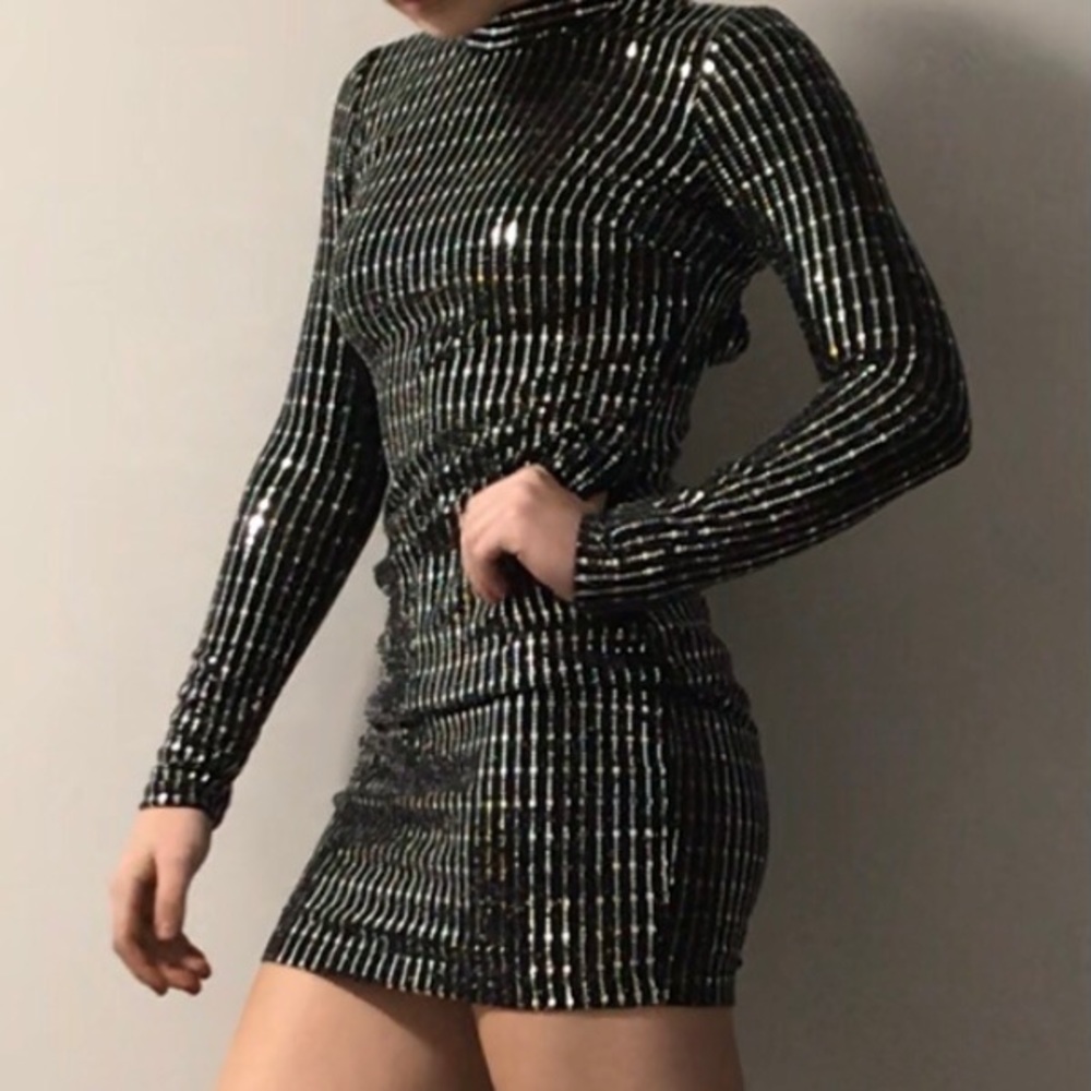 black long sleeve sequin mini dress